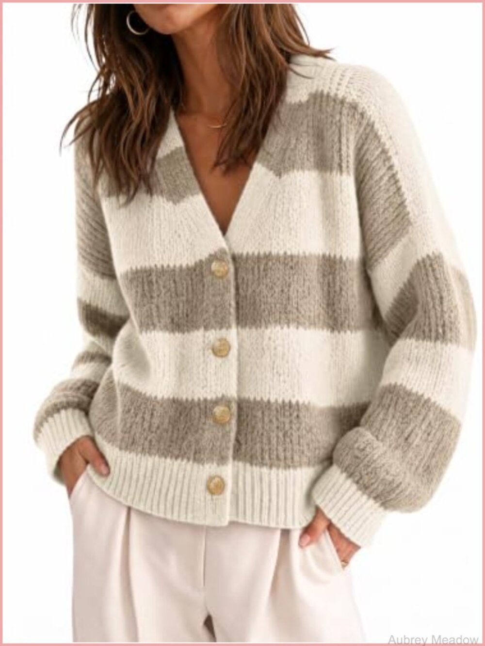 Women's Striped Open Front Cardigan V Neck Long Sleeve Knit Sweater